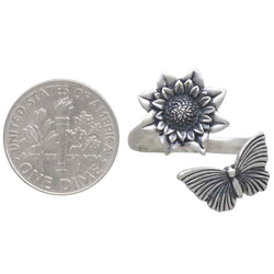 Sterling Silver Dahlia and Butterfly Adjustable Ring Sterling Silver Dahlia and Butterfly Adjustable Ring