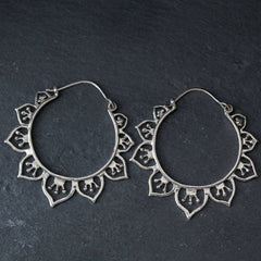 Sterling Silver Decorated Lotus Style Hoop Earring