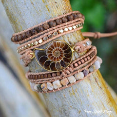 Natural Ammonite Fossil, Sunstone and Wood Beaded Wrap Brace