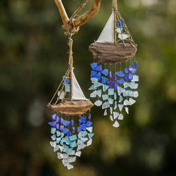 Driftwood Boat Windchime - Multi Color Recycled Bottles: Large 20 Driftwood Boat Windchime - Multi Color Recycled Bottles: Large 20