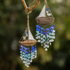 Driftwood Boat Windchime - Multi Color Recycled Bottles: Large 20