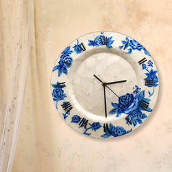 Clock Wall Decor With Blue Flowers, Compressed Capiz, Indoor Clock Wall Decor With Blue Flowers, Compressed Capiz, Indoor