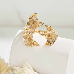 Adjustable Dogwood Flower and Leaf Ring: Bronze