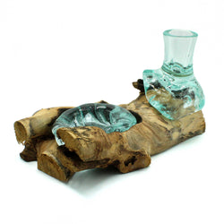 Molten Glass Flower Vase and Tealight Holder on Wood Molten Glass Flower Vase and Tealight Holder on Wood