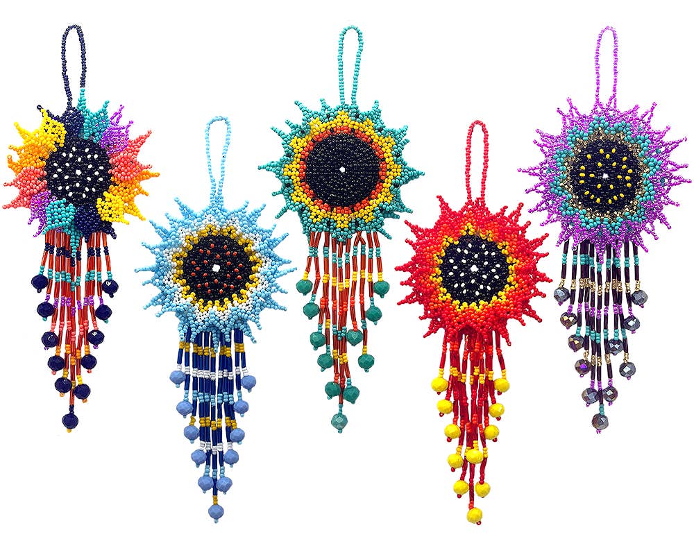 Beaded Sunflower Figurine Seed Bead Fringe Dangle Ornament