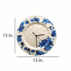 Clock Wall Decor With Blue Flowers, Compressed Capiz, Indoor Clock Wall Decor With Blue Flowers, Compressed Capiz, Indoor