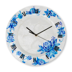 Clock Wall Decor With Blue Flowers, Compressed Capiz, Indoor Clock Wall Decor With Blue Flowers, Compressed Capiz, Indoor