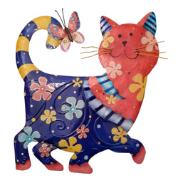 Cat Wall Decor Blue And Red, Capiz & Metal, Outdoor Safe Cat Wall Decor Blue And Red, Capiz & Metal, Outdoor Safe
