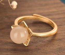 Jade Ball on Golden Flower Open Ring Jade Ball on Golden Flower Open Ring