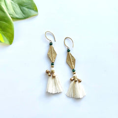 Brass Beaded Tassel Bell Earring: White