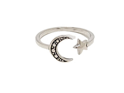 Celestial Moon and Star Ring in Adjustable Wrap Style in Sterling Silver