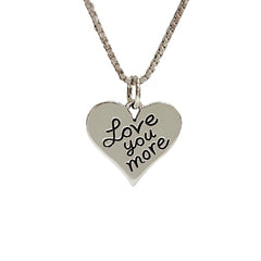 Love You More Engraved Heart Pendant Necklace on Rhodium Sterling Silver Chain 16