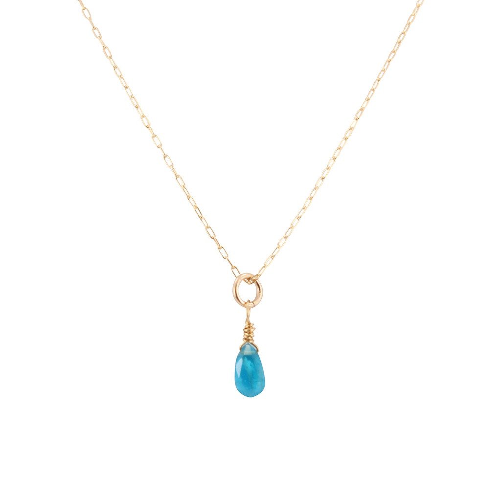 Dainty Throat Chakra Necklace with Dark Apatite Briolette on Gold Filled Chain