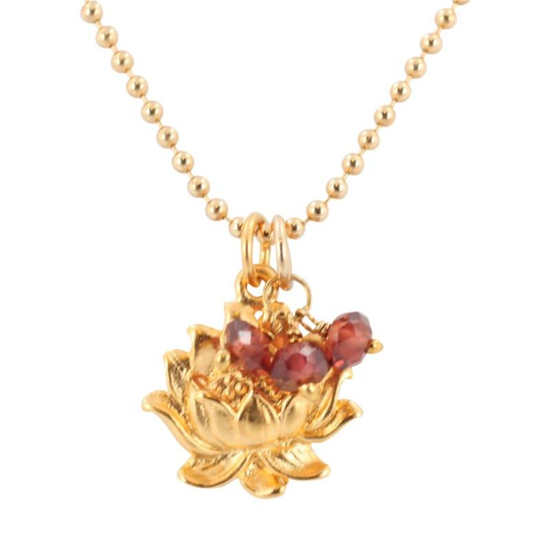 Detailed Lotus Necklace in Gold with Garnet Gemstones