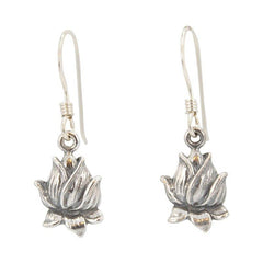 Detailed Closed Lotus Flower Dangle Earrings in Sterling Silver