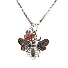 Honeybee Pendant with Garnet Gemstone Bauble in Sterling Silver on 18 Inch 1mm Rhodium Plated Sterling Box Chain, Bee Necklace