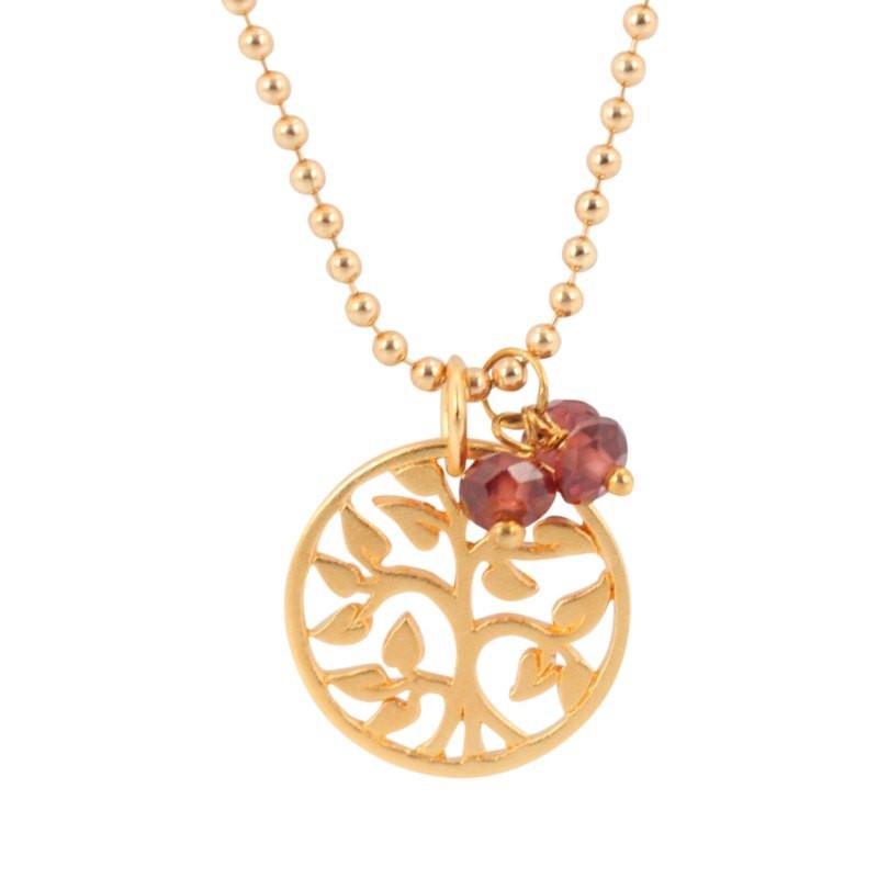 24k Gold Plated Tree of Life Necklace with Garnet Baubles - 18