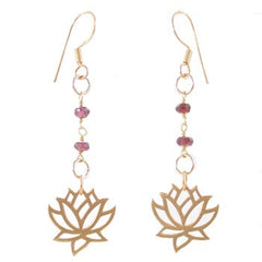 Lotus Flower Dangle Earrings in Gold Vermeil with Garnet Gemstone Beads