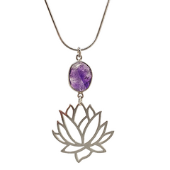 Sterling Silver Lotus Flower Pendant and Amethyst Gemstone on 20
