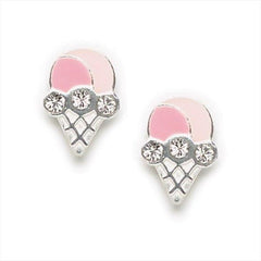 Cute Little Pink Enamel Ice Cream Cone Earrings with Swarovski Crystals