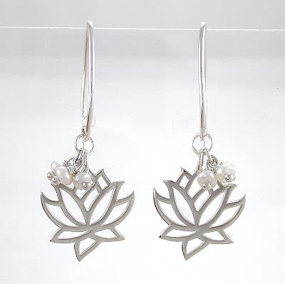 Limited Edition Cut Out Design Lotus Flower Dangle Earring in Sterling Silver with Pearl Gemstone Beads, 8372