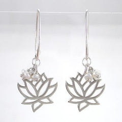 Limited Edition Cut Out Design Lotus Flower Dangle Earring in Sterling Silver with Pearl Gemstone Beads, 8372