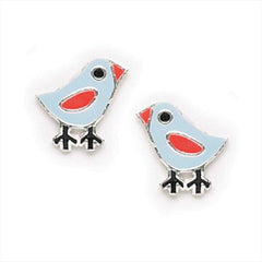 Happy Little Enamel Blue Bird Earrings in Sterling Silver