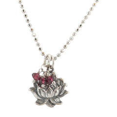 Detailed Lotus Necklace with Garnet Gemstones in Sterling Silver