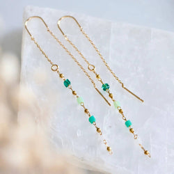 Beaded Threader Earrings, Green - Gold