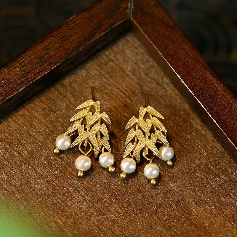 Gold Bamboos with Pearls Earrings