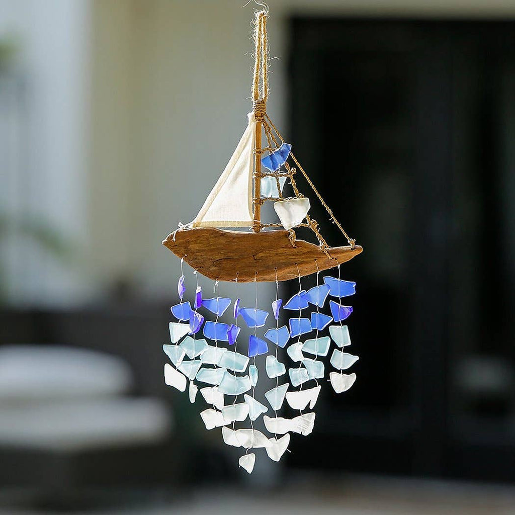 Driftwood Boat Windchime - Multi Color Recycled Bottles: Large 20