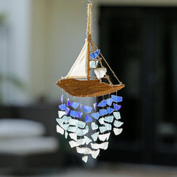 Driftwood Boat Windchime - Multi Color Recycled Bottles: Large 20