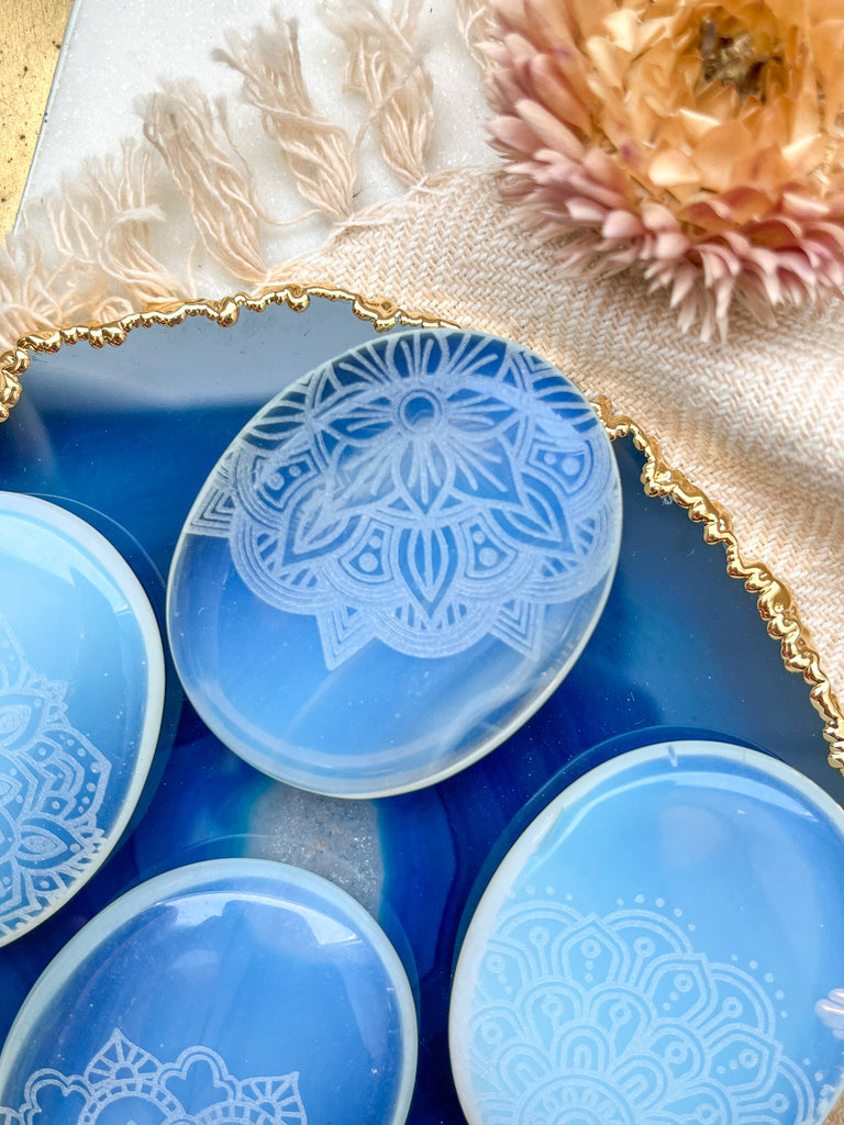 Etched Opalite Crystal Worry Stone - Assorted Mandalas