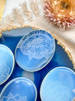 Etched Opalite Crystal Worry Stone - Assorted Mandalas