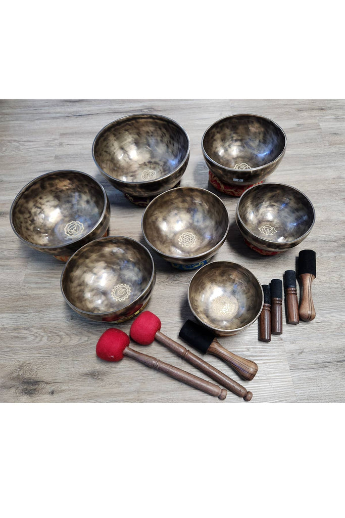 Set of 7 Singing Bowls Chakras Tone Tuned: Brown | Om Gallery
