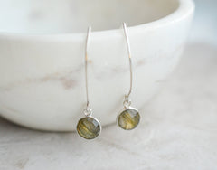Silver Medium Marquis Round Gemstone Earrings - Labradorite