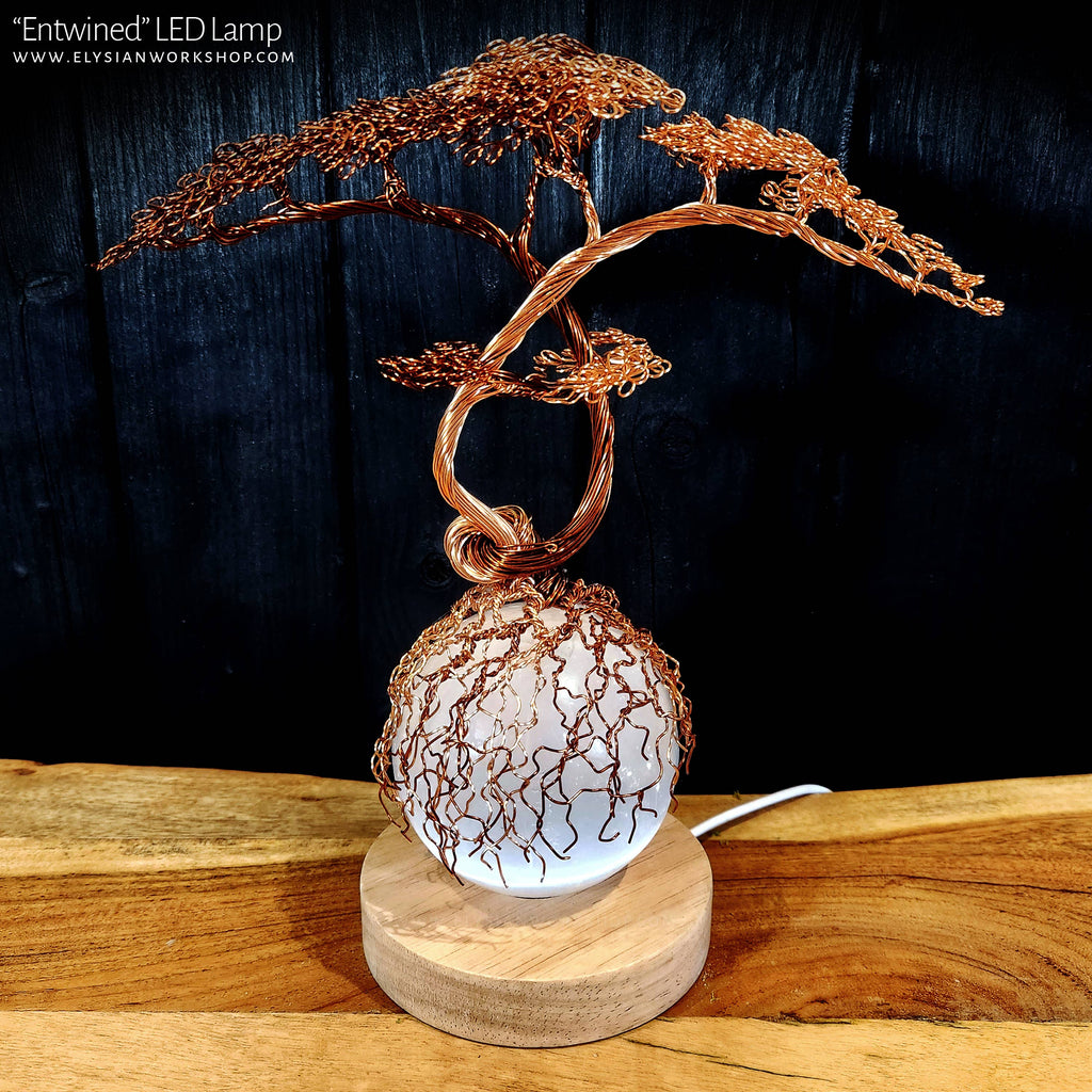 USB LED Lamp Copper Wire Entwined Bonsai Tree on Selenite