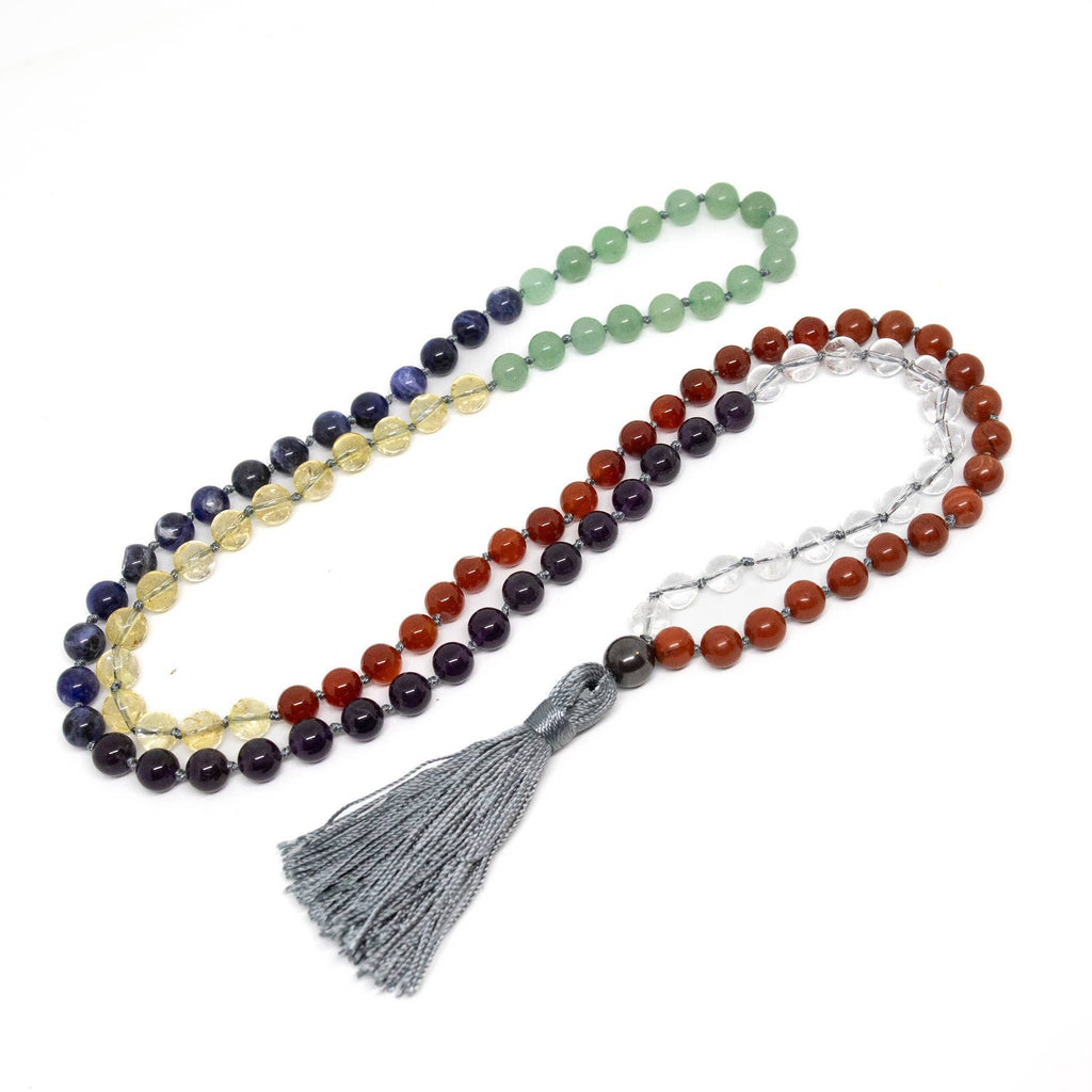 Real Gemstone Chakra Knotted 108 Bead Mala Prayer Beads 8mm