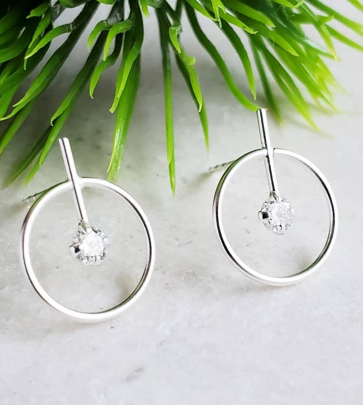 Silver Circle with Bar CZ Studs- Clear