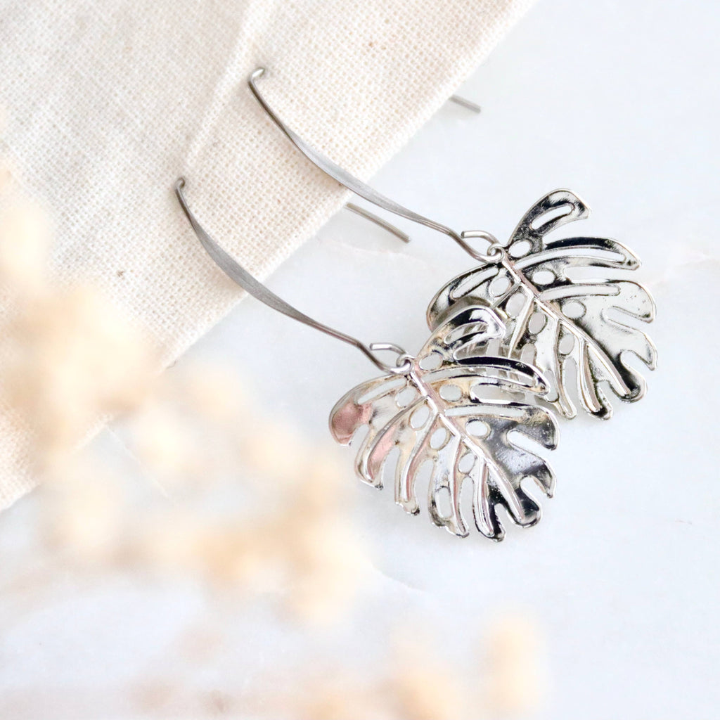 Monstera Drop Earrings - Silver