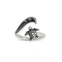 Sterling Silver or Bronze Sea Turtle & Wave Adjustable Ring: Sterling Silver