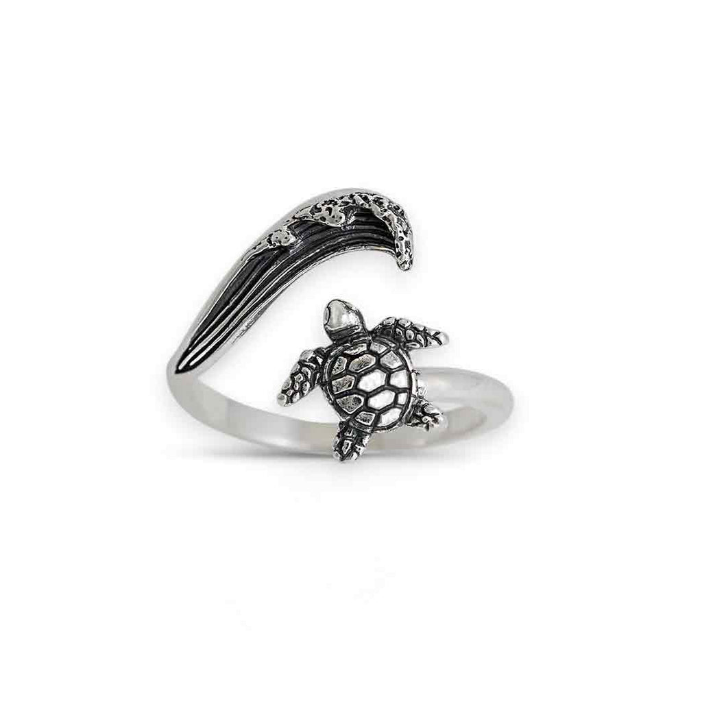 Sterling Silver or Bronze Sea Turtle & Wave Adjustable Ring: Bronze