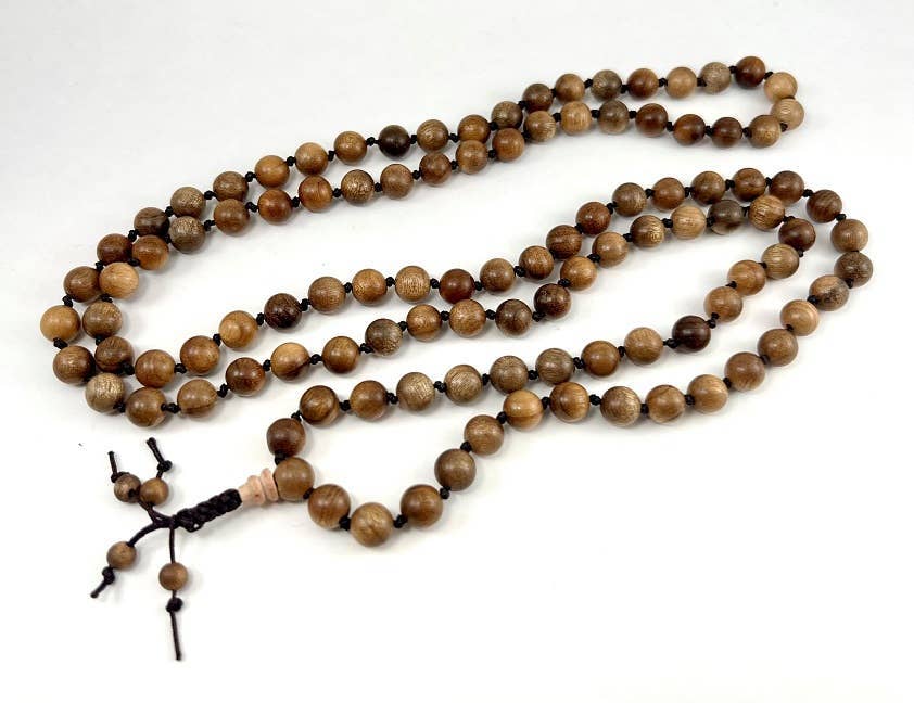 Gold Phoebe Wood Knotted 108 Bead Mala - Prayer Beads - 8mm