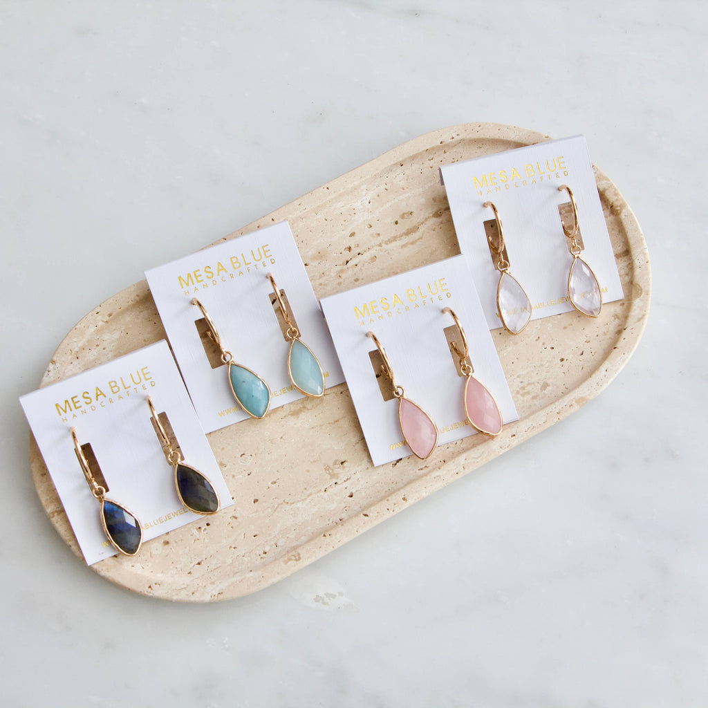 Stone Hoop Earrings - Amazonite, Labradorite, Quartz, Rose 
