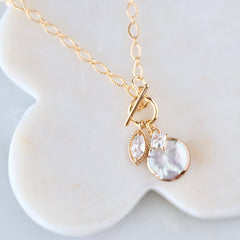 CZ, Freshwater Pearl Coin Toggle Necklace