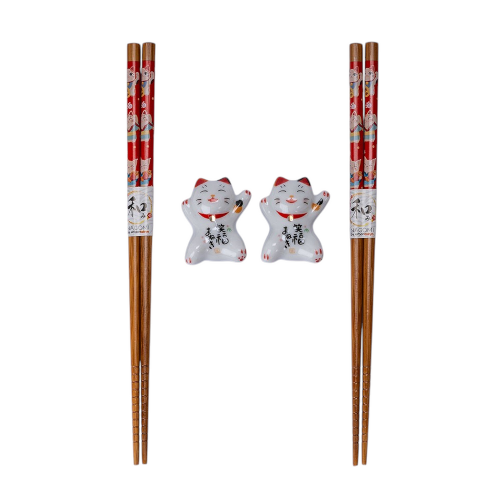 Lucky Cat Neko 2 Pair Chopsticks and Rests Git Set (1/100)