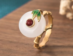 Asian/Chinese Style Bamboo on Jade Open Ring