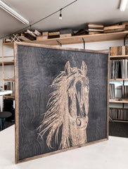 Hand Sketched Horse Laser Engraved Wooden Artwork: Black Wash / Honey / 20x20