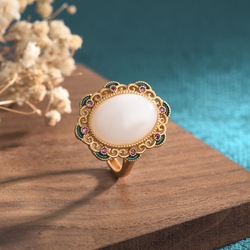 Chinese Style Enamel Crown Jade Open Ring