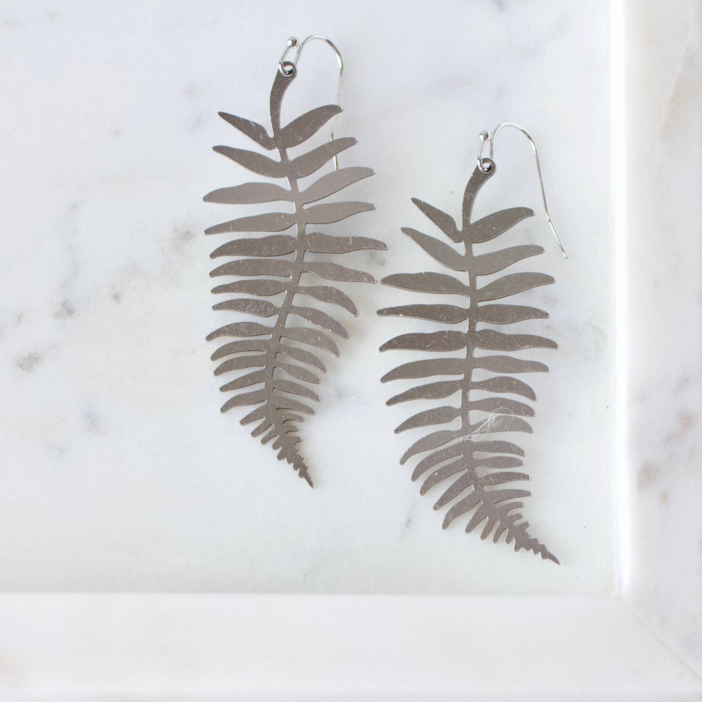 Brass Fern Leaf Earrings: Silver